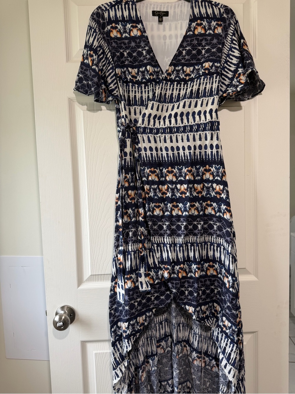 Jessica Simpson Navy, White & Tan High-Low Wrap Dress